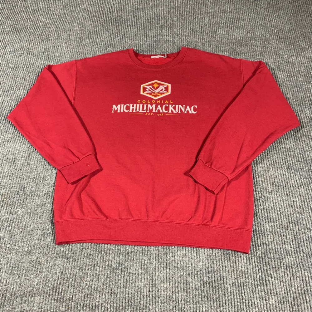 VTG Hanes Sweatshirt Adult Medium Red Crewneck Michilimackinac Fort Michigan Y2K